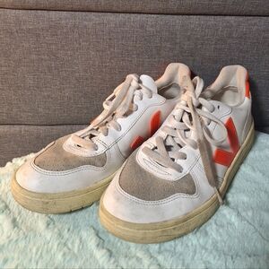 Veja White and Neon Orange Sneakers 6